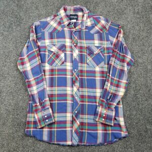 Wrangler Shirt Mens Large Blue Plaid Western Pearl Snap Flannel Long Sleeve